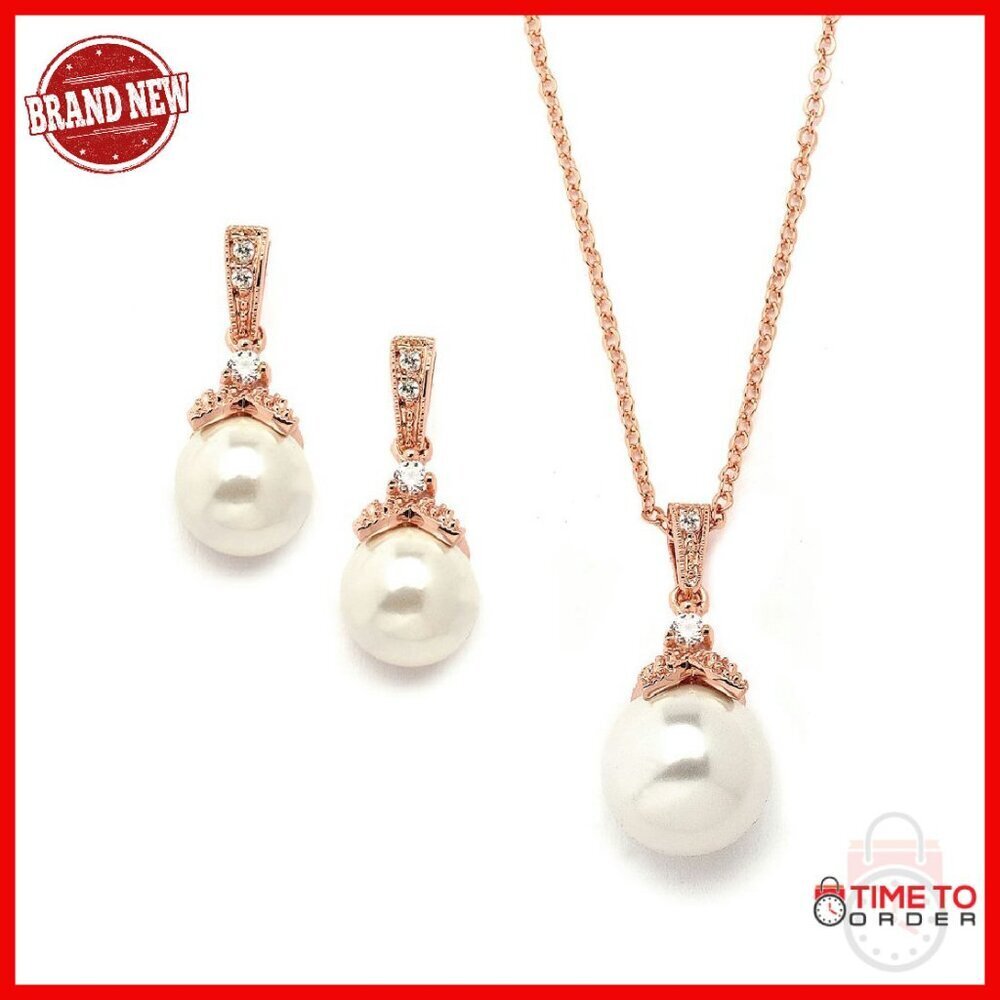 Pearl Drop Bridal Jewelry Set with CZ Crystals, Adjustable Necklace